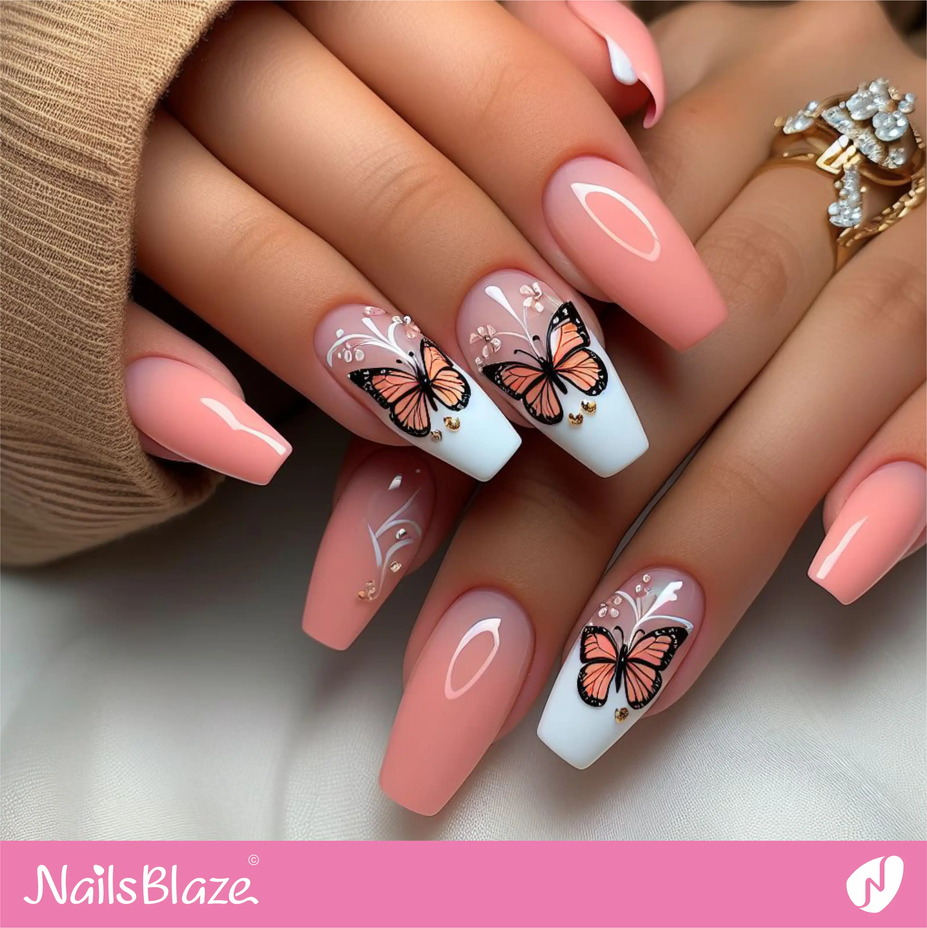 Peach Fuzz Glossy Butterfly Nails | Color of the Year 2024 - NB1790